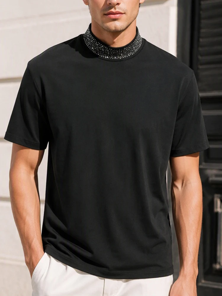 Men's Mock Neck Rhinestone Decor T‑Shirt Elegant Black Slim Short Sleeve Male Tops ForStreet Fashion Casual Party Daily Wear