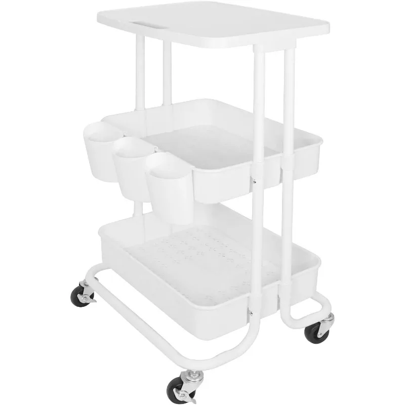 3 Tier Rolling Cart with Table Top, Multi-Functional Storage Trolley with 3 Cups & 3 Hooks, Movable Storage Organizer