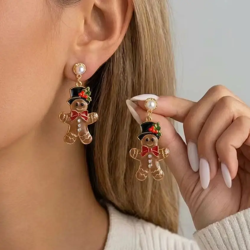Trendy Cute Christmas Gingerbread Man Drop Earrings for Women Funny Pink Cartoon Cookie Dangle Earring Holiday Party Jewelry