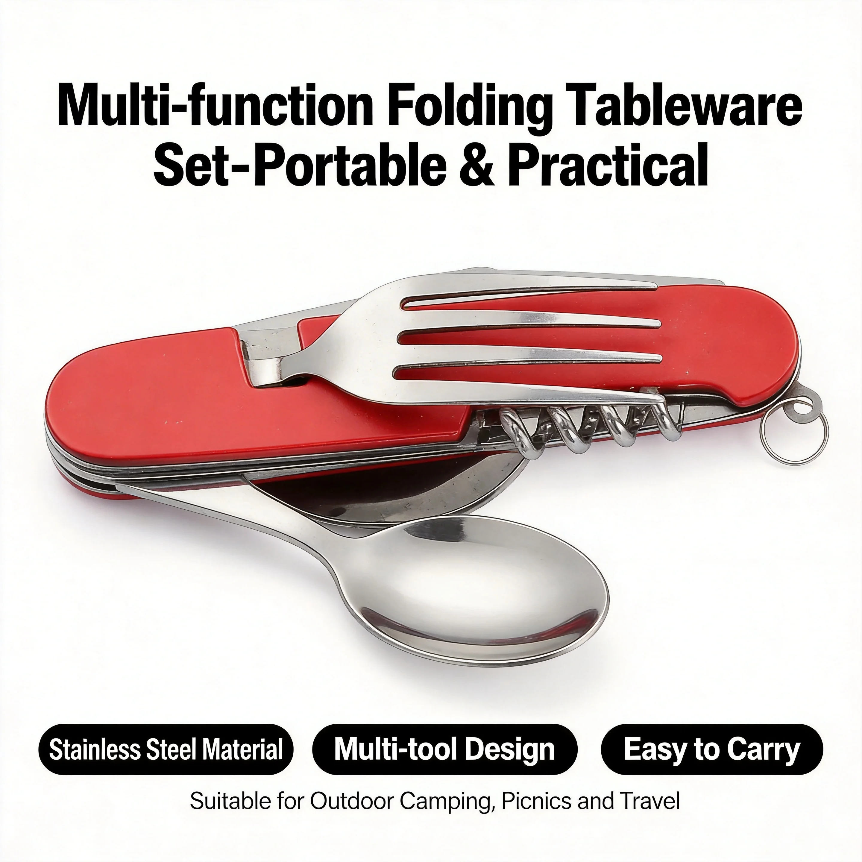 4-in-1 Portable Stainless Steel Cutlery Set: Foldable Spoon, Knife, Fork & Bottle Opene Ideal for Outdoor Adventures and Camping