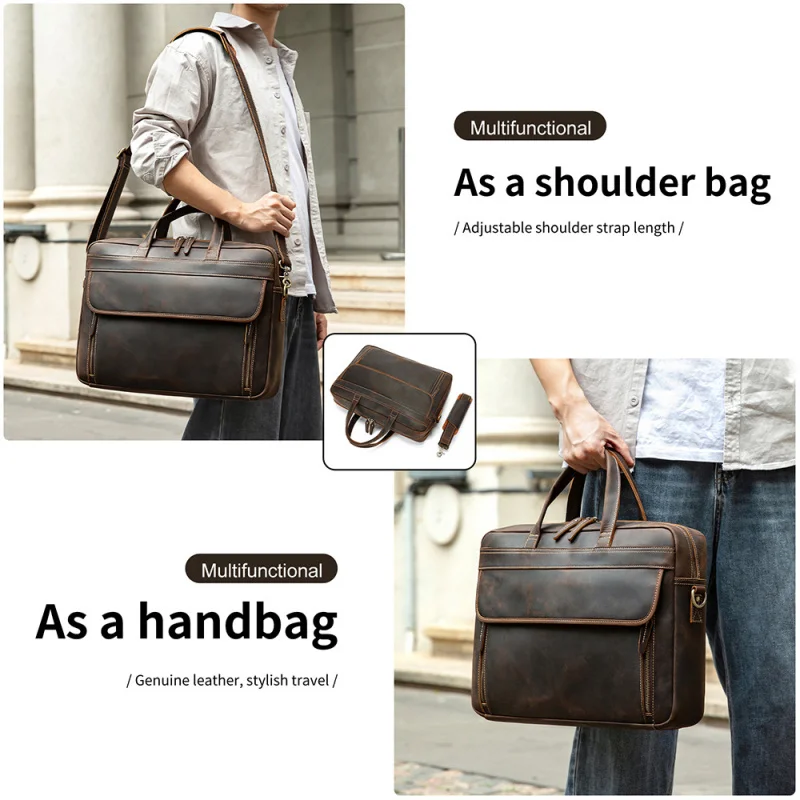 Crazy Horse Leather Men's Briefcase161-inch computer file handbag genuine leather business commuter crossbody bag Briefcase