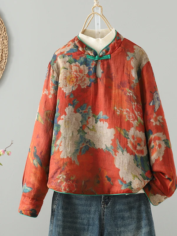 

Authentic Winter Linen Print Retro Cotton Jaet Stand Collar Button ort Top Women's Faion Cotton Clothes Long Sve