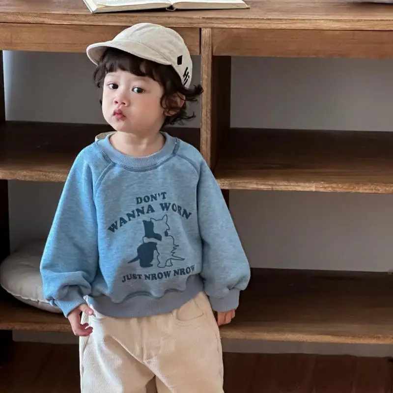 

2025 Winter New Children Long Sleeve Fleece Sweatshirt Cartoon Print Boys Girls Casual Pullover Infant Toddler Thick Warm Tops