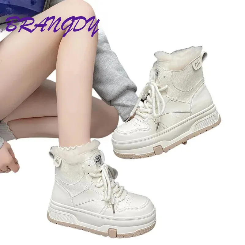 

BRANGDY High Top White Shoes Casual Sports Board Shoes Thick Soled Snow Boots Winter Version With Plush Warm Women Cotton Shoes