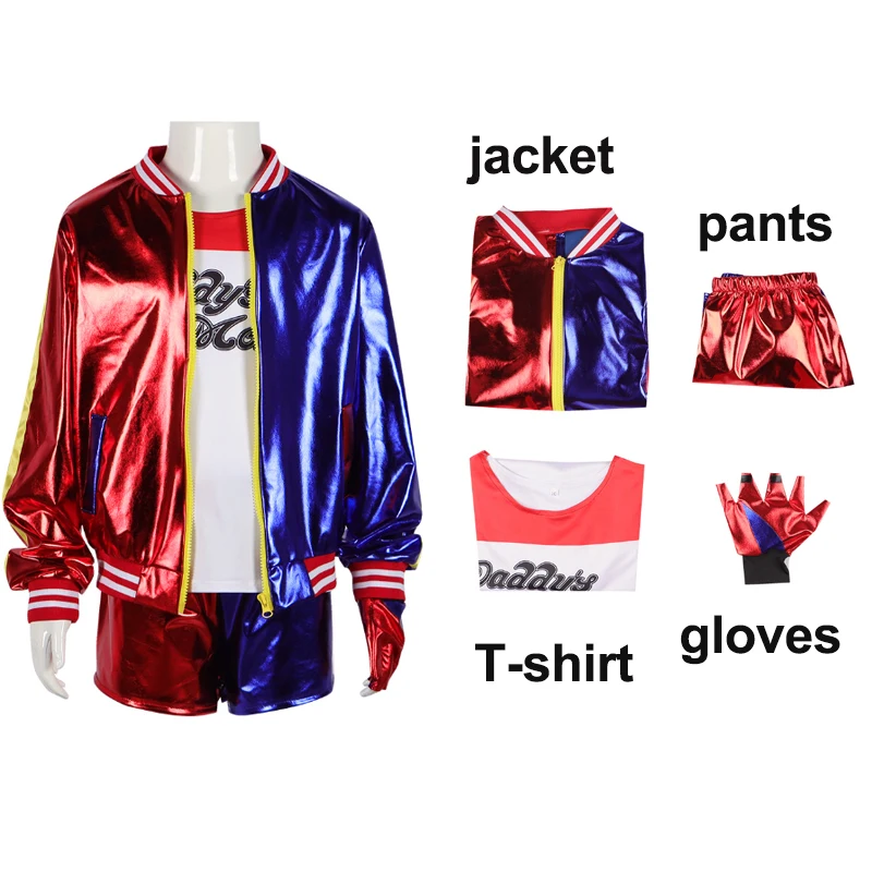 Halloween Kinder Erwachsenen Selbstmord Cosplay Kostüm Film Clown T-Shirt Jacke Hosen Zubehör komplettes Set für Mädchen Frauen