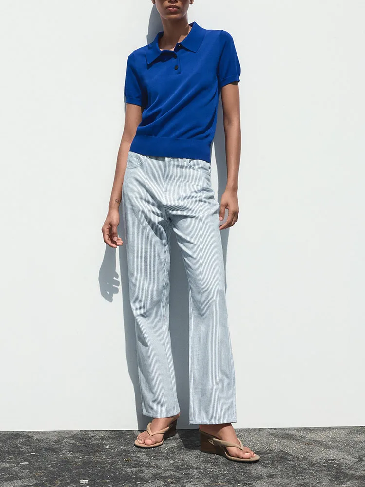 

New Summer Women's Knitted Casual ort Sve irt Ne Top Slim Fit Commute Sle Pure Color Versatile Faionable