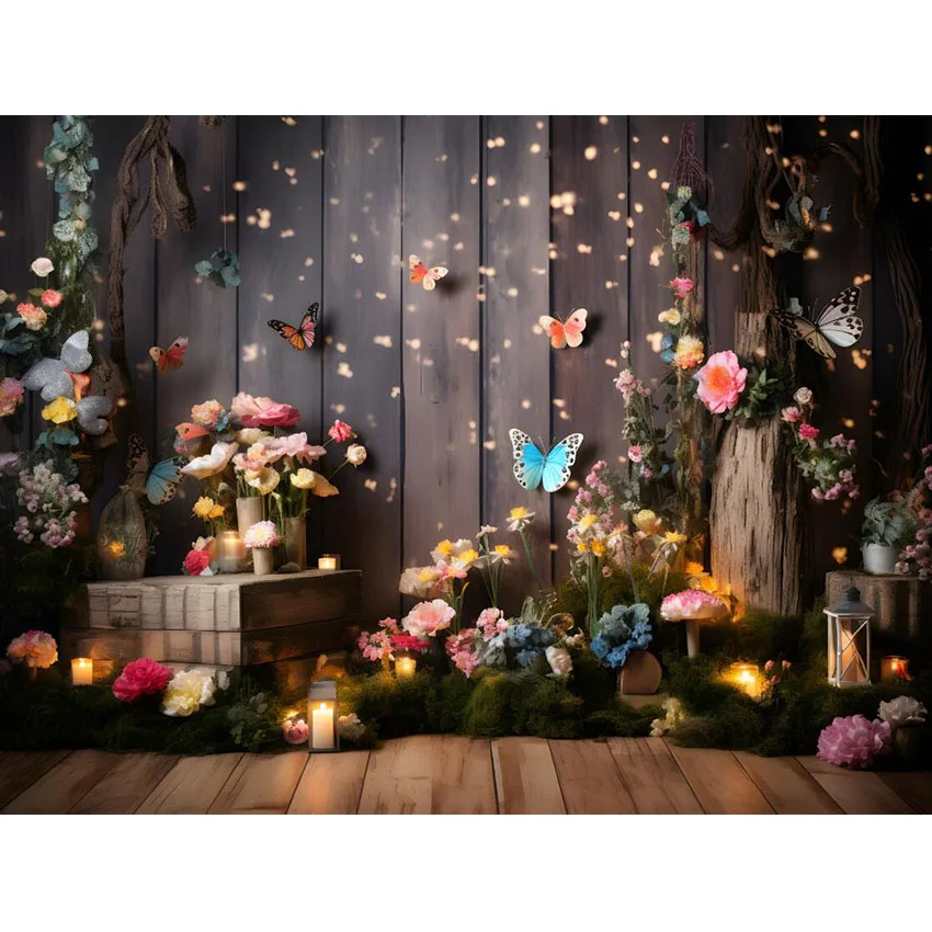 Mehofond 1st Birthday Backdrop Little Girl Cake Smash Wonderland Forest Butterfly Board Newborn Portrait Photography Background