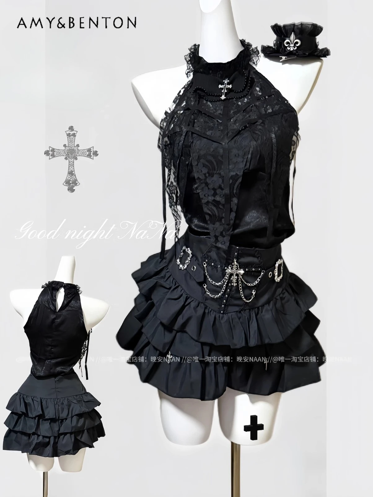 

Dark Spice Girl Gothic Lace Neck Sleeveless Top High Waist Slim Cake Skirt Two Piece Sets Womens Outifits Subculture Y2K Sets