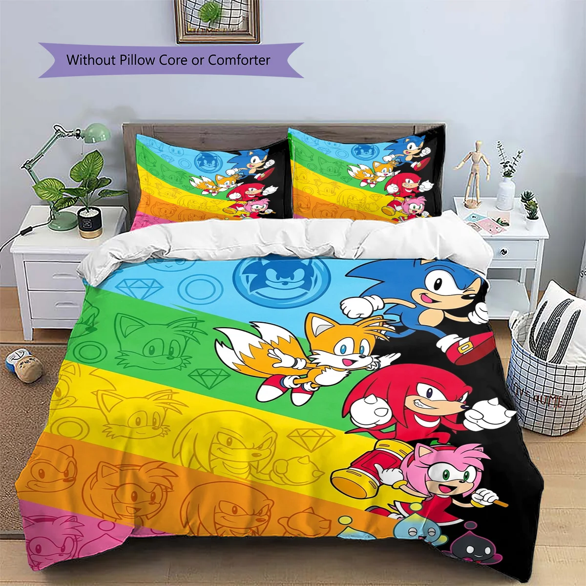 Hedgehog Sonic Patterned Pillowcase & Duvet Cover Set Anime Leisure Bedding Bedroom Home Ornament Fan Gift.-TING - view 4