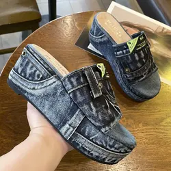 Women Sandals Wedges Peep Toe Denim Platform Slides Shoes Thick Bottom Outdoor Beach Casual Flip Flops Footwear Sexy2024