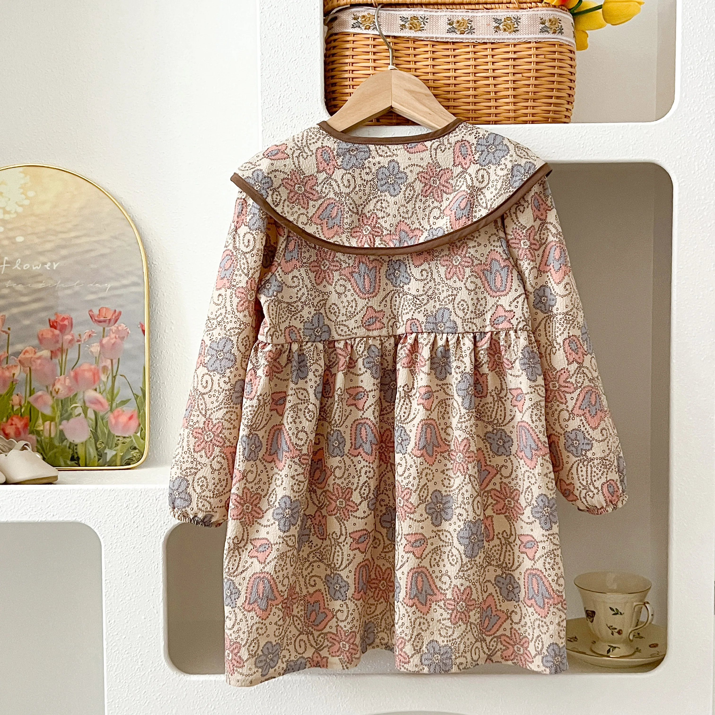 Koreanisches Mädchenkleid Herbst Puppenkragen Blumendruck Langarm Freizeitkleid Kinder Alltags-Freizeitkleidung – Detail 3