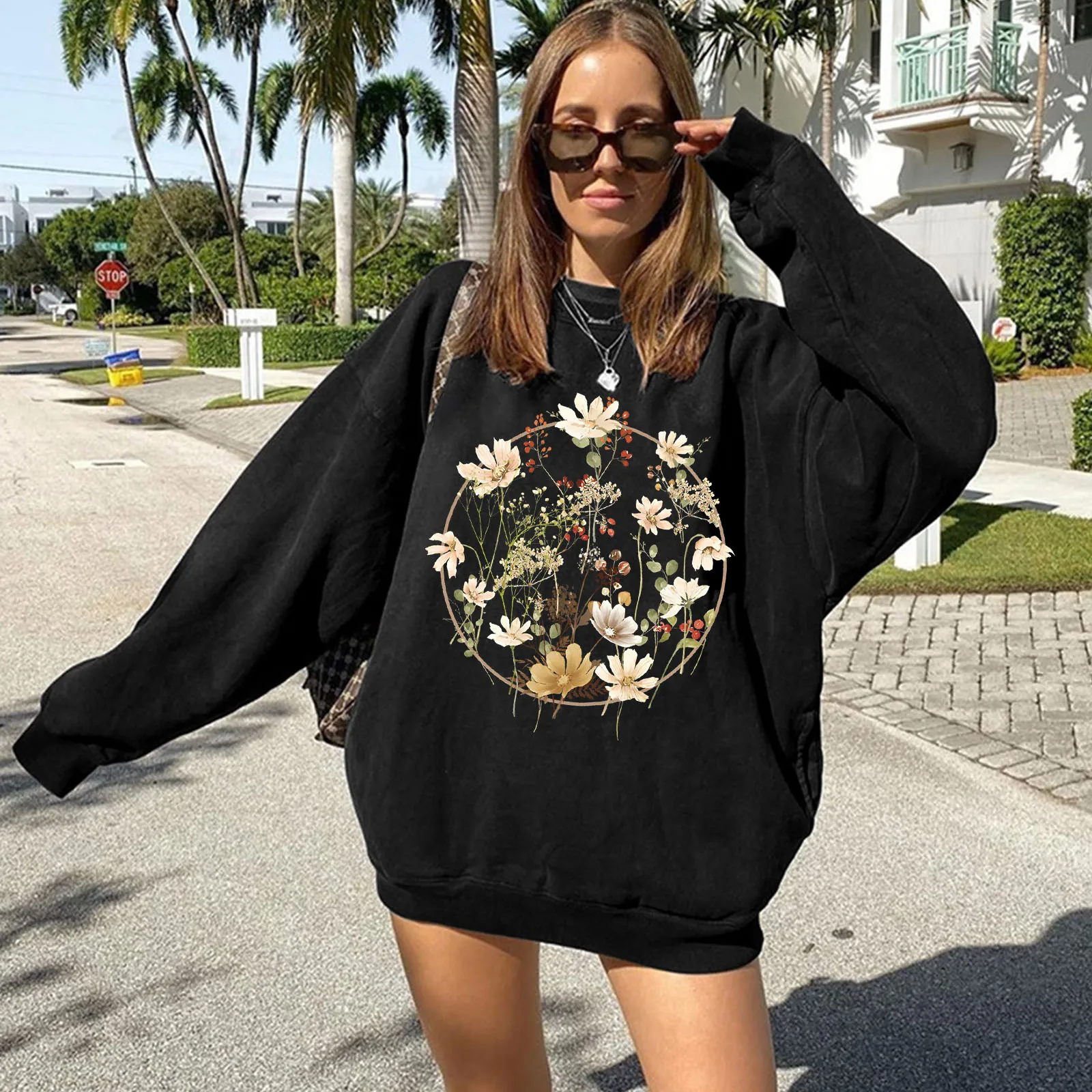 Seeyoushy Floral Print Fun Print 2023 New Women\'s Clothing Casual Fashion Ladies Top Trend Y2K Hoodie Holiday Top