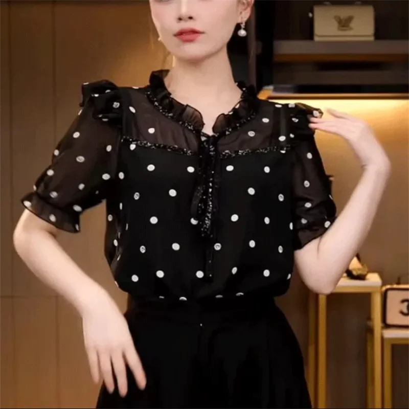 Fashionable Blouses Women Pullover Thin Shirt Short-sleeved Blouse Polka Dot Ruffled Splicing Blous Casual Female Shirt