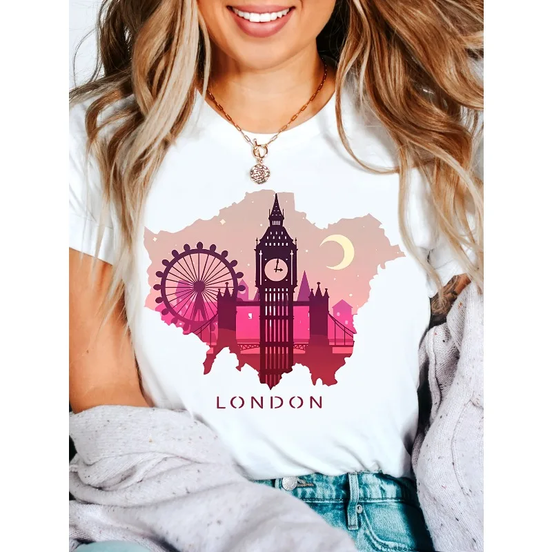 London UK Pattern T-shirt Big Ben and Landmark Printed Black Gradient Pink Orange Skyline Casual Round Neck Women's T-shirt