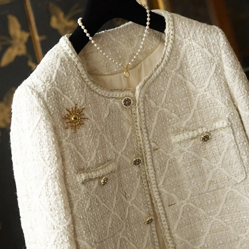 Famous Actress Feel, Beautiful Effect Luxury Diamond Lattice Weaving Shining Tweed Short Jackets for Women Coats, with 15% Wool