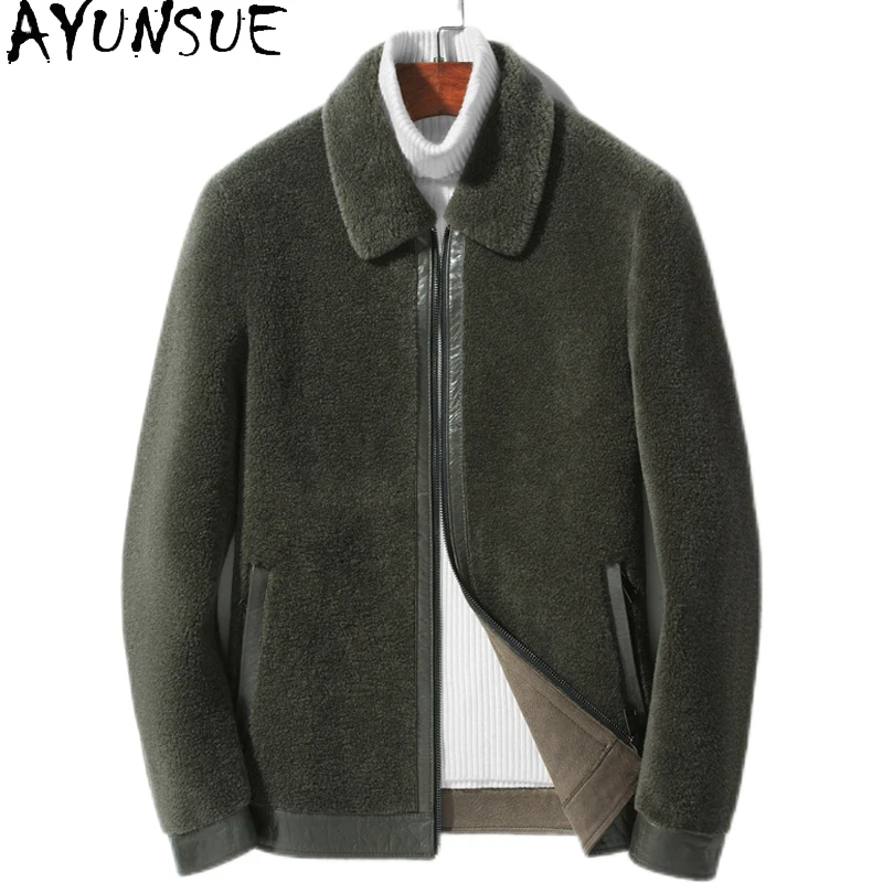 AYUNSUE 100% Wool Coats for Man Winter Short Fashion Granular Sheep Shearing Jacket Men Warm Lamb Wool Coat Lapel Zipper Jackets