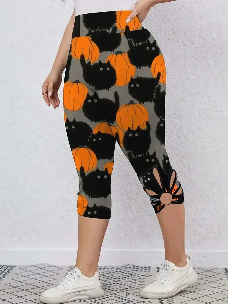 

Plus Size 1XL-5XL Women's Fashion Capri Leggings Pants Ladies Allover Cat & Pumpkin Print Cut Out High Rise Capri Leggings