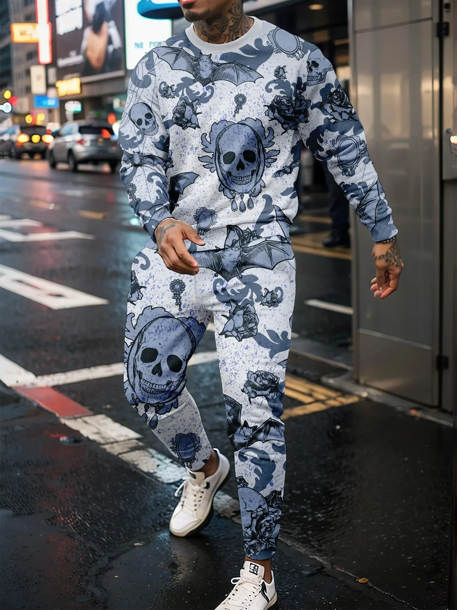 Men\'s Tracksuit Casual 3D Skull Print 2 Piece Sets Long Sleeve T-Shirt+pants 2pcs Set Fashion Outfits Oversized Unisex Clothing