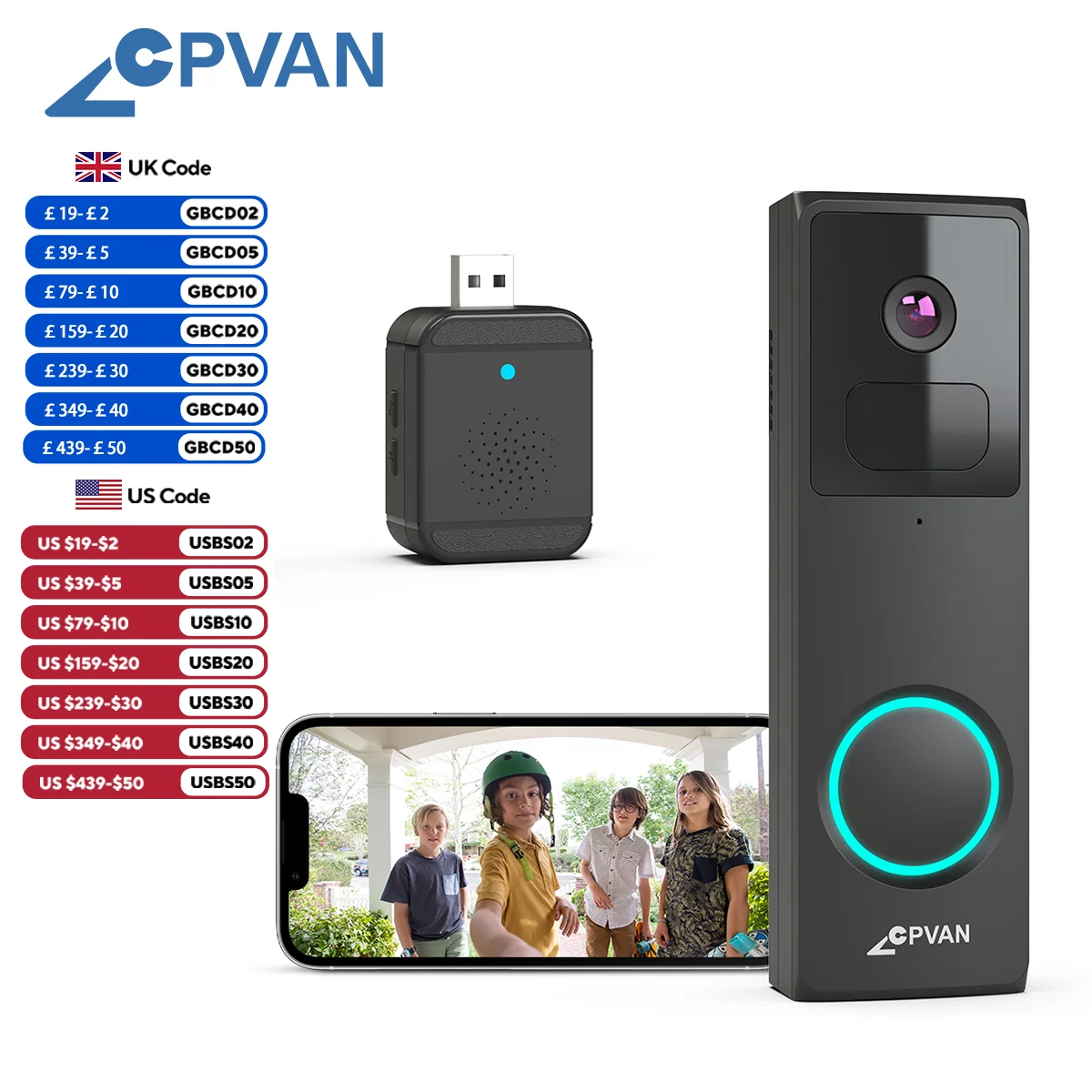 CPVAN Wireless 2.4G WiFi Video Doorbell 1080P HD Camera Door bell with AI Smart Waterproof Night Vision Security Camera DoorBell