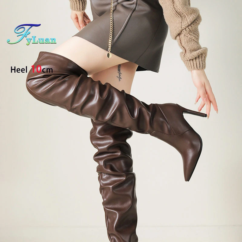 

Soft Leather Thigh Boots Sexy Autumn Shoes For Women 10CM Stiletto Pointy Toe Over-the-Knee Boots Woman High Heels Knight Botas