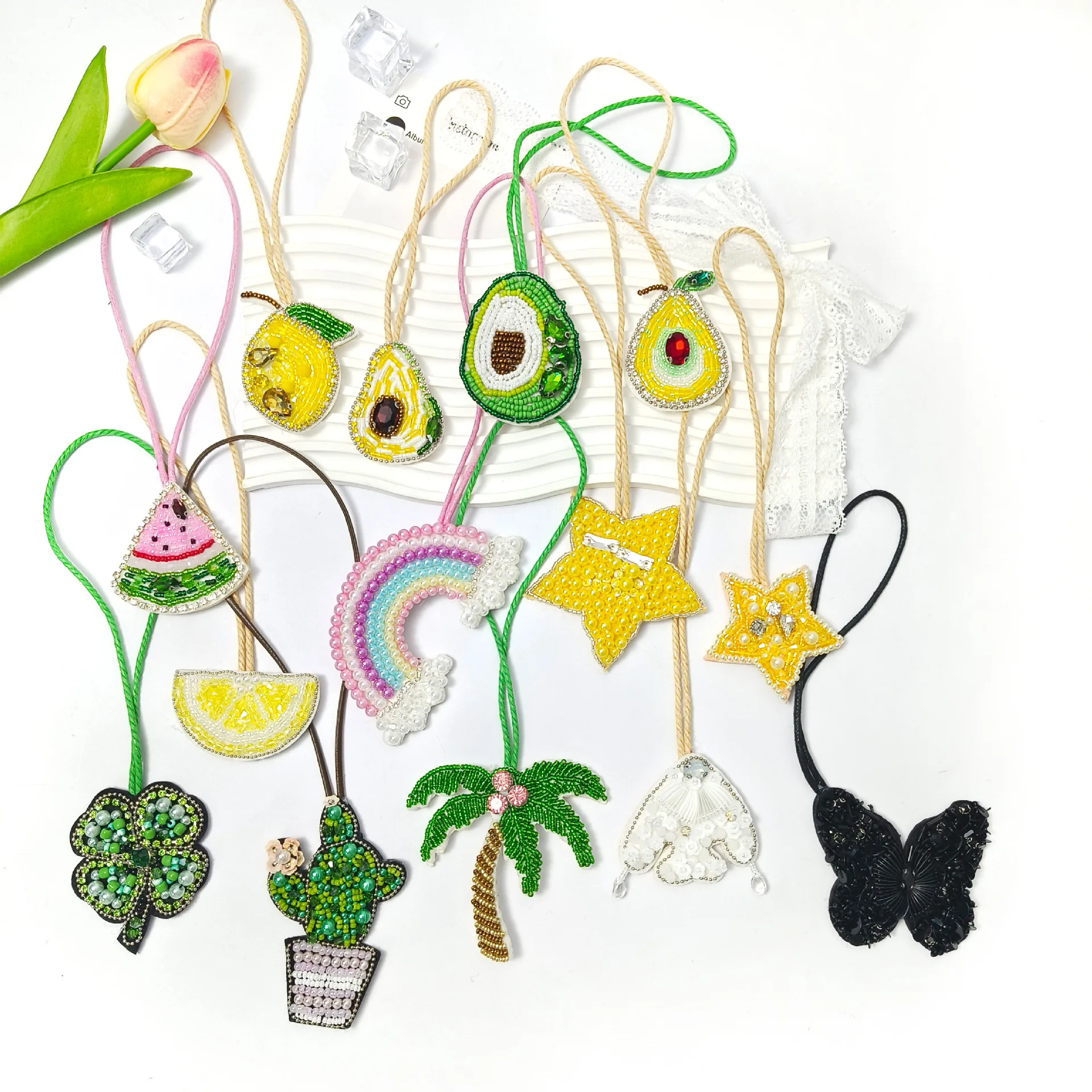 New Handcrafted Beaded Applique Coconut Tree Fruit Rainbow Accessory Small Pendant Accessory Coat Rhinestone Wool Headwear