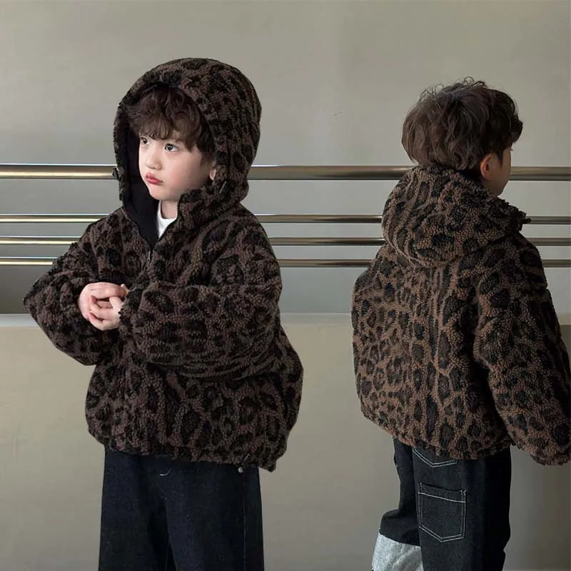 Autumn Winter Fashion Baby Girls Boys Kids Thick Plus Velvet Leopard pattern  Hooded Coat +Jean Paints Children Casual 2Pcs Sets