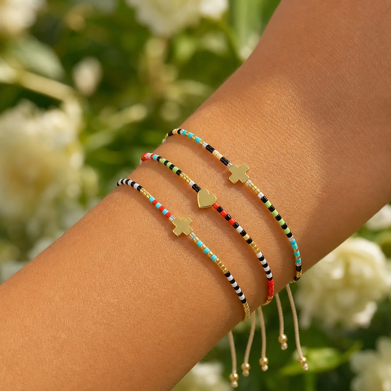 3pcs Colorful Glass Beaded Cross Charm Bracelet with Gold Tone Copper Accent Adjustable Tie Boho Style for Women Beach Style