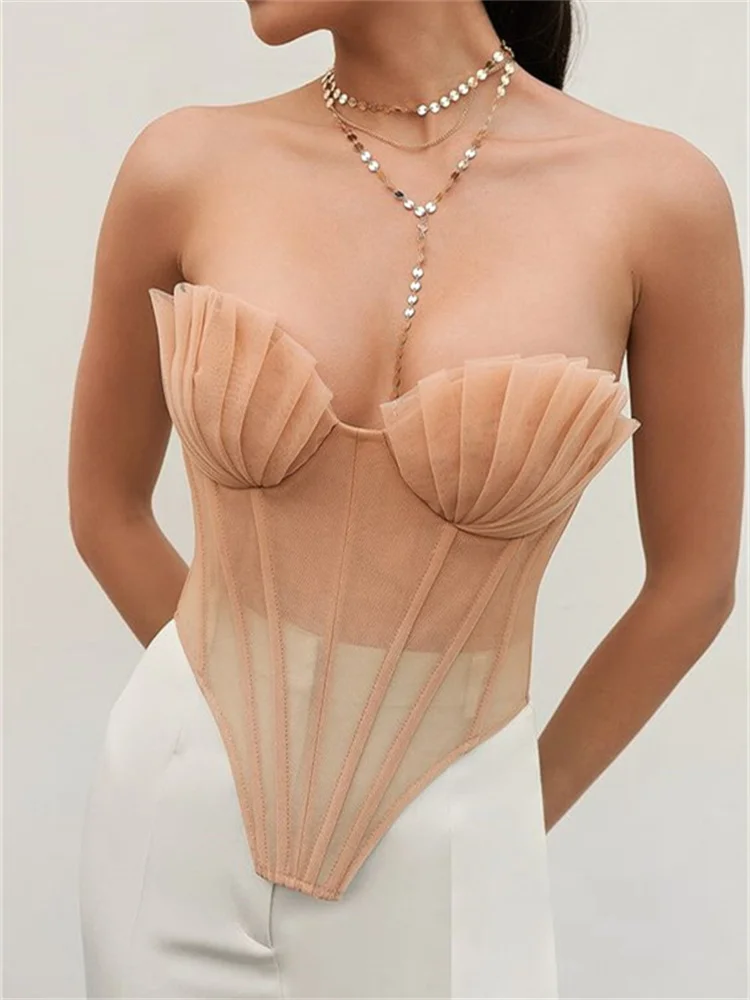 CHRONSTYLE Mesh See Through Sexy Bustiers Corsets Strapless Off Shoulder Ruffle Push Up Tank Summer Club Criss-cross Tie-up Vest