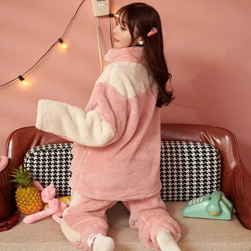 Coral Velvet Female Pajamas Women Autumn Winter Sweet Cute Warm Loungewear Thicken Stand Collar Casual Sleepwear Two-Piece Set