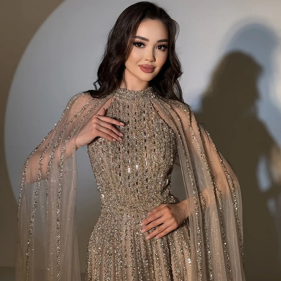 Elegant Arabic A Line Cape Sleeves Evening Dress 2024 for Women Beaded Luxury Dubai Formal Prom Wedding Party Gown Customized image 3