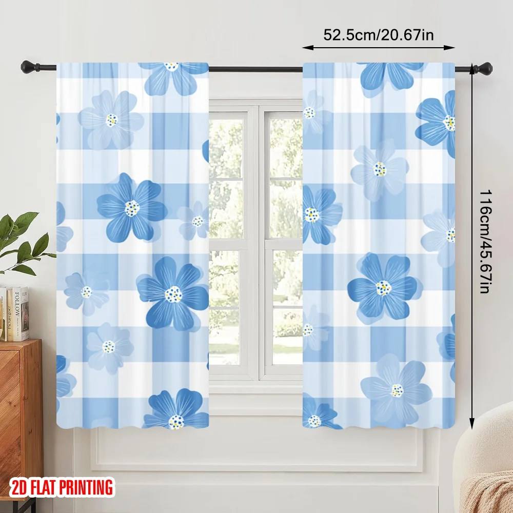 2pcs,2D plane printing Popular Curtains Blue Floral Gingham Polyester (without rod) Gifts for Bedroom, Living Room, Office Decor