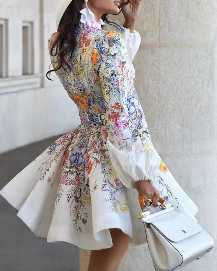 

2025 French Floral Print Stand Up Collar Lantern Sleeve Button Dress Autumn Women's Waist Cinching Elegant Retro Palace Dress