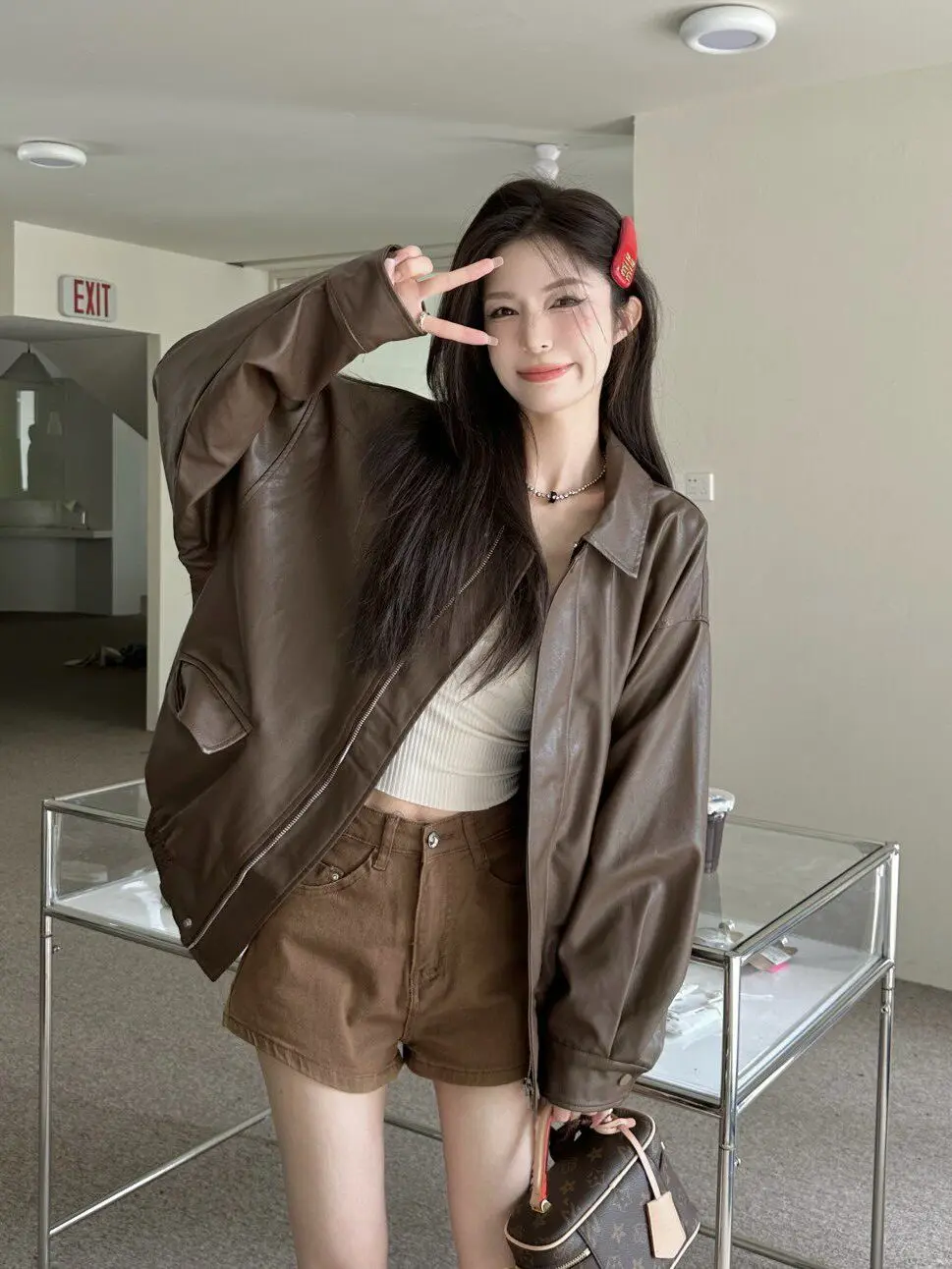 

Retro American Brown Leather Jacket Women Summer Black PU Motorcycle Loose Long Sleeve Top Coat Stylish Commute Polyester