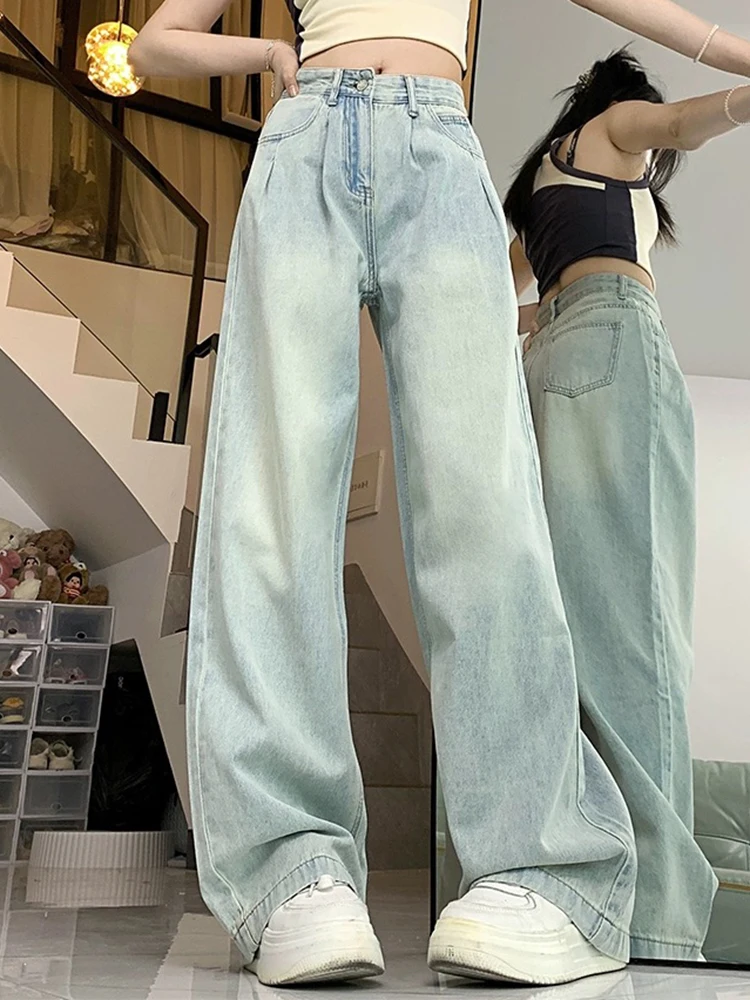 

Summer Chic Washed Distressed Solid Color Women Jeans New Basic High Waist Loose Casual Street Full Length Female Wide Leg Pants