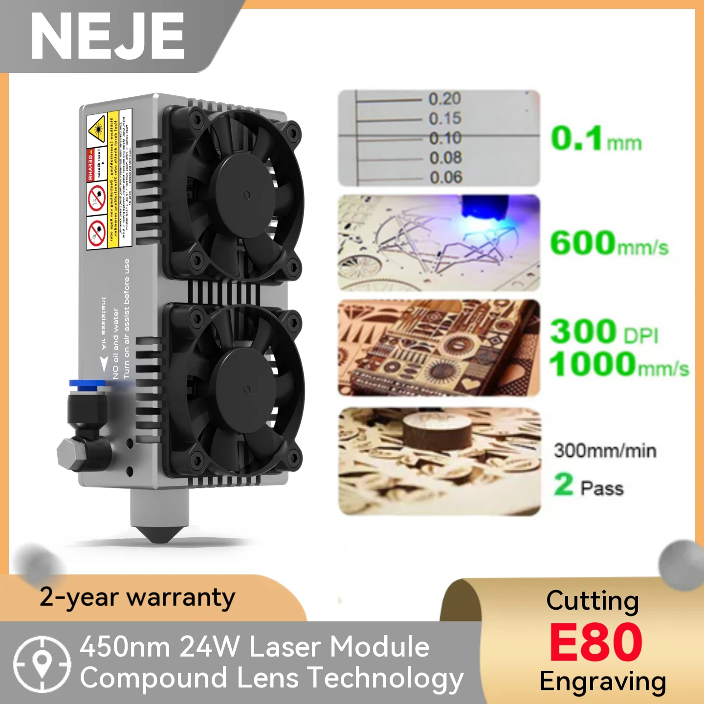 NEJE E80 24W CNC Laser Module Kit 450nm Blue Light TTL Suitable for Laser Engraving Machine Wood Cutting Smart Tool