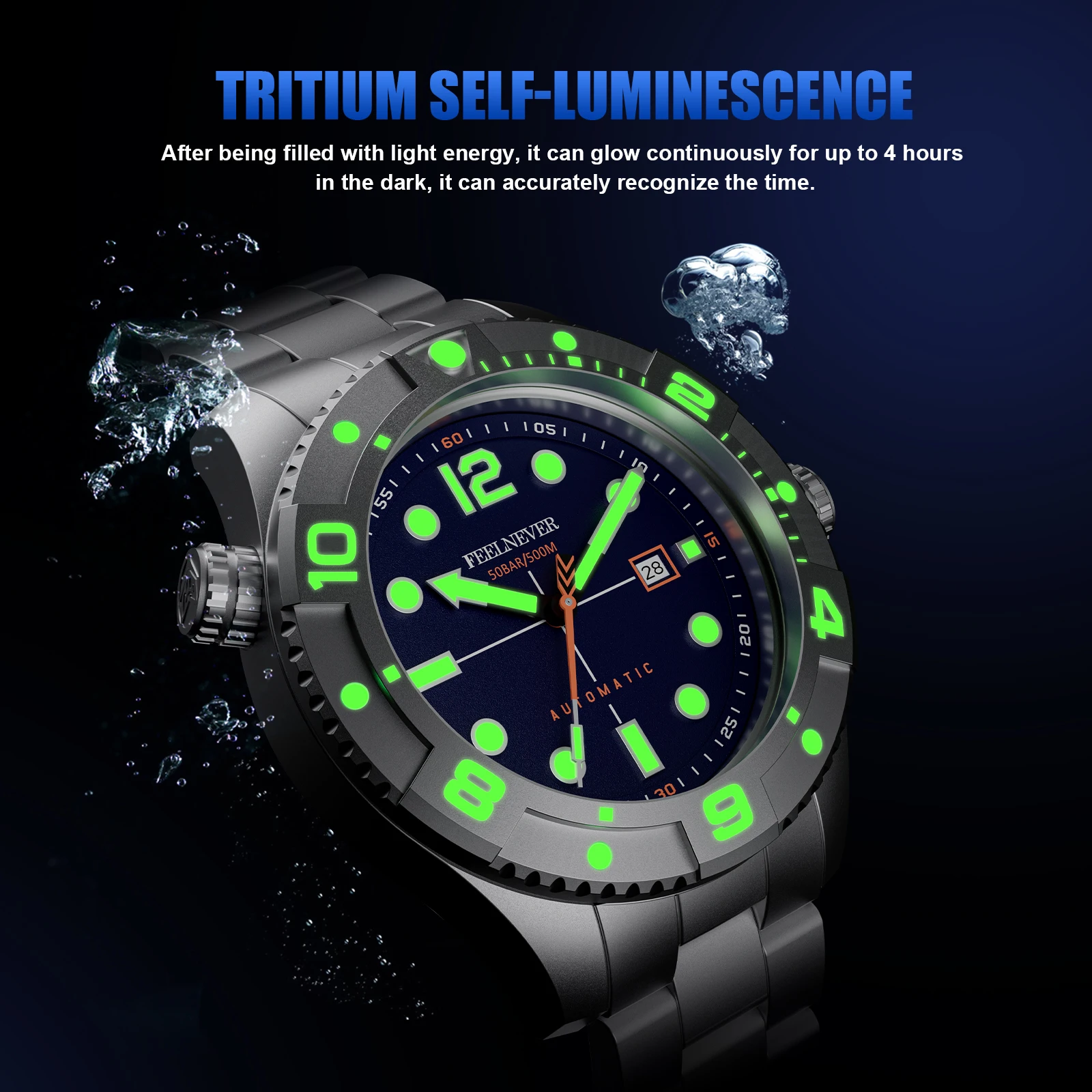 LIGE Design FEELNEVER Automatic Mechanical GMT Watch Stainless Steel Sport Watch Sapphire Luminous Waterproof for Men Relogio