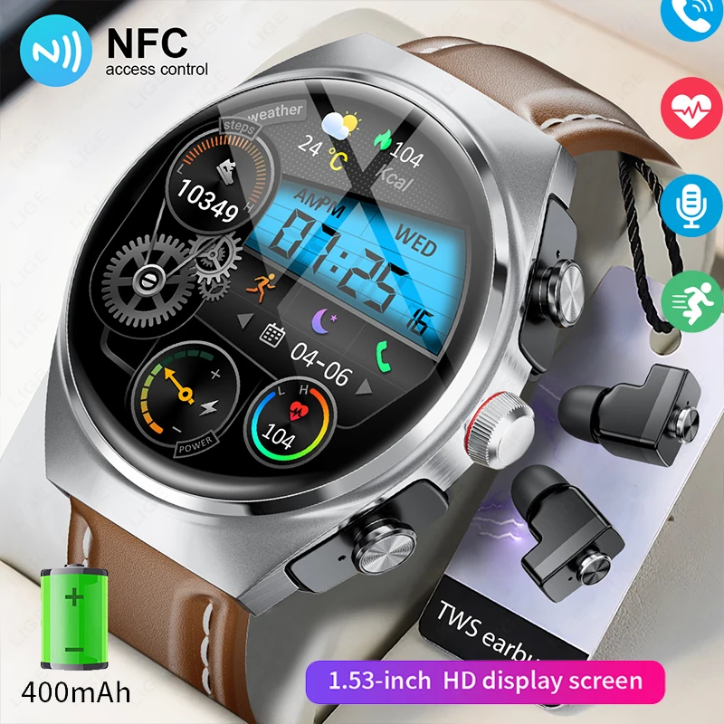 

LIGE New TWS Wireless Earbuds Smart Watch Men NFC 400mAh Bluetooth Call Waterproof Watches Heart Rate Monitor Sports Smartwatch