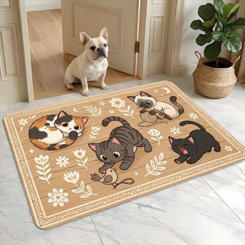 VIKAMA Wood Grain Cats Doormat Four Cartoon Kitten Flower Bird Pattern Non Slip Entrance Rug Pet Lover Floor Mat Front Door Home
