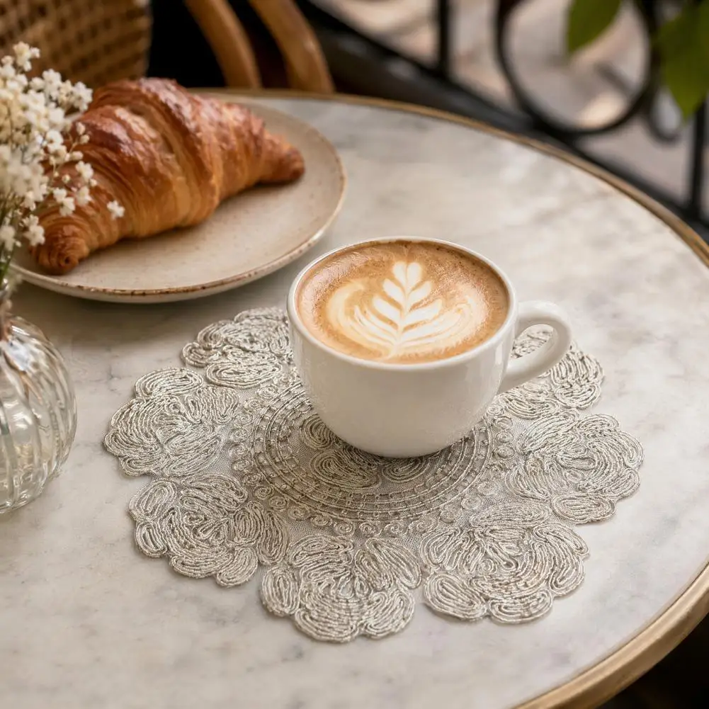 Heat Resistant Placemat Floral Table Mat Rose Embroidered Round Placemat Vintage Coaster Set Light Breathable Table for Kitchen