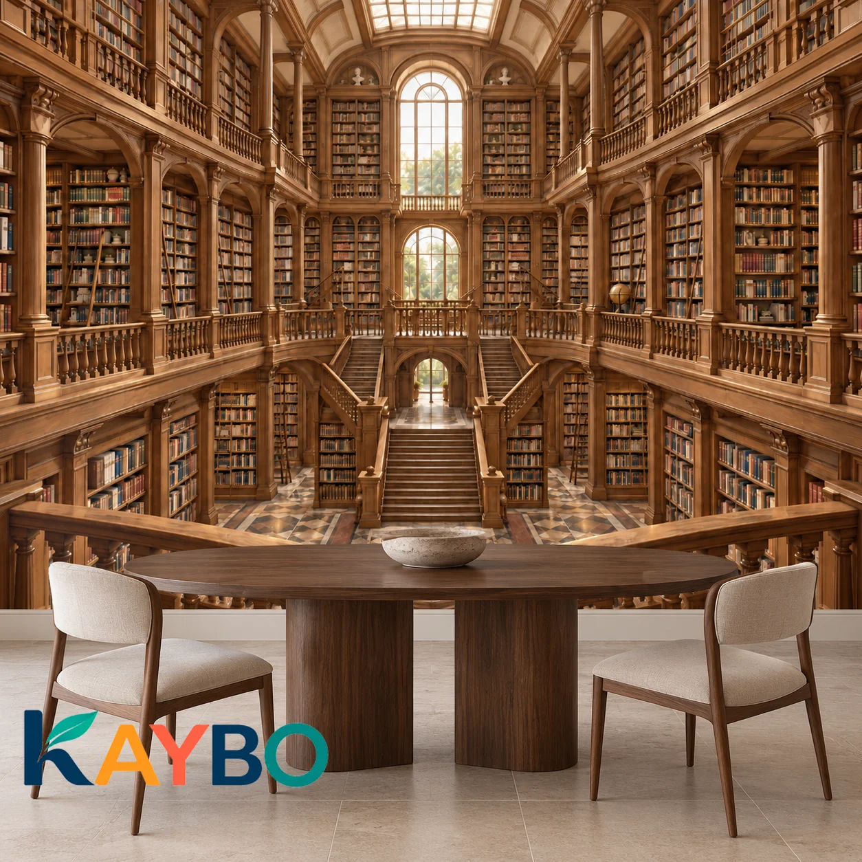 Library Wallpaper Mural 3D Bookshelf Grand Staircase Vintage Wood Hall Wall Decor for Living Room Study Office Non Self Adhesive