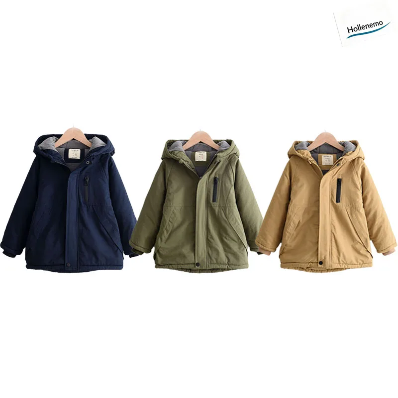 Kids Hooded Fleece Lined Winter Parka Zip‑Up Windproof Warm Outerwear Ribbed Cuff Pockets Casual Boys Girls Cold Weather Jacket