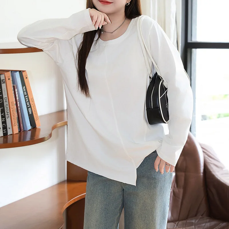 Women's Asymmetrical White Cotton T-Shirt, Long Sleeve Tops, Loose Tees, Good Quality, Plus Size, Fall, 2024