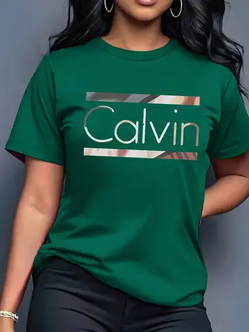 T-shirt manches courtes col rond femme, 100% coton, mode décontractée, motif de lettres Calvin imprimé, ample, été