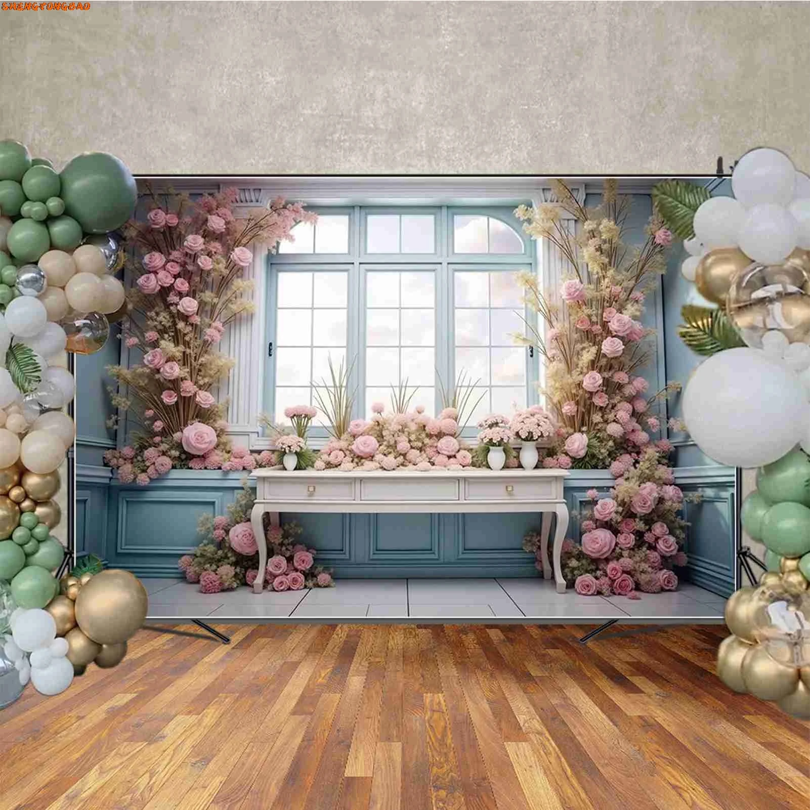 Floral Flower Balloon Curtain Birthday Photocall Background Wedding Photobooth Arch Backdrop Photography Studio Props
