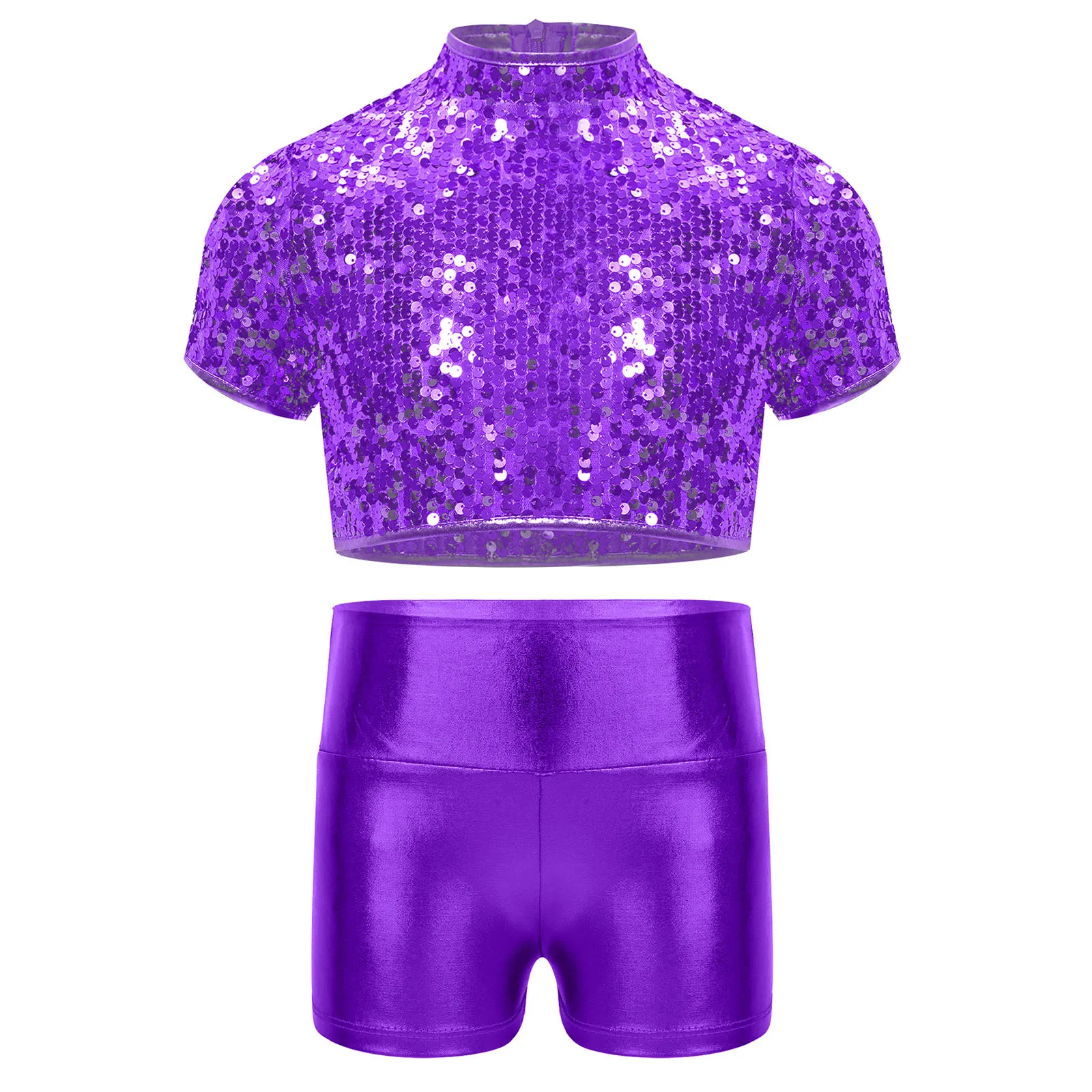 Kids Girls Metallic Jazz Dance Outfits Streetwear Cheerleading Sequins Performance Dancewear Dancing Clothes Hip Hop Costume Set