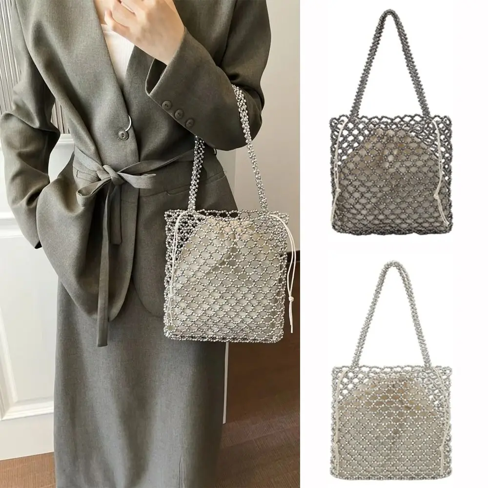 

Hollow Out Design Pearl Beaded Tote Bag No Zipper Medium Capacity Square Handbag with Inner Bag Beaded Texture Shoulder Bag