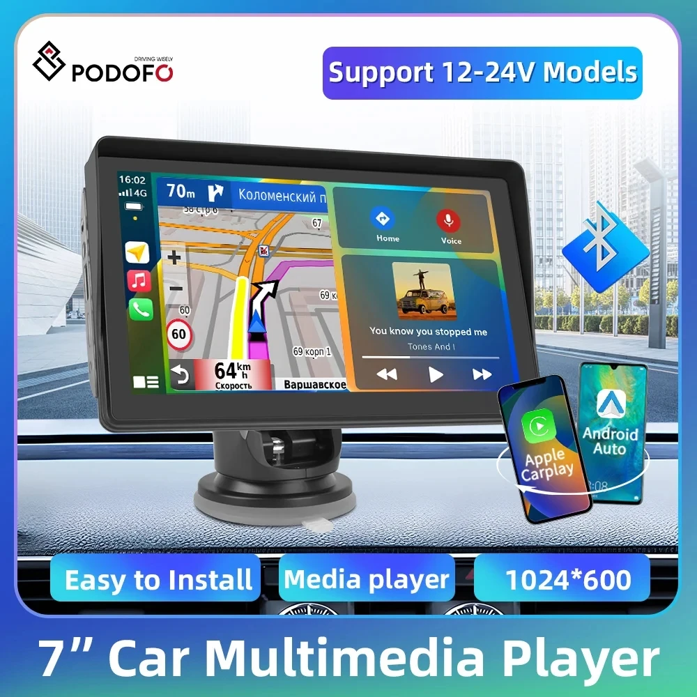 Podofo 7'' Car Monitor Dashboard Wireless Carplay Android Auto Mirror Link Dash Cam Bluetooth FM GPS Navigation Smart Player