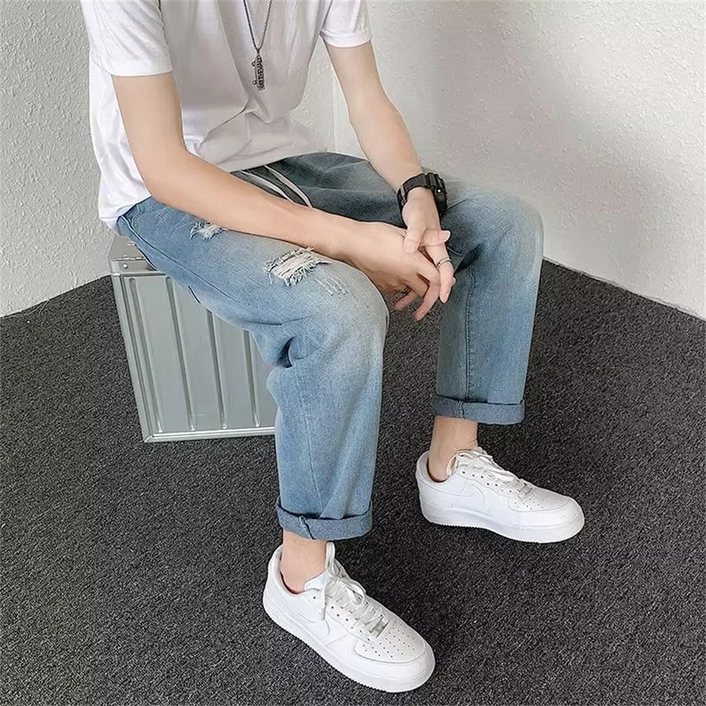 New Men's Ripped Jeans Harajuku Simplicity Style Loose Straight All-match Casual Denim Pants Sudents Loose Comfortable Trousers