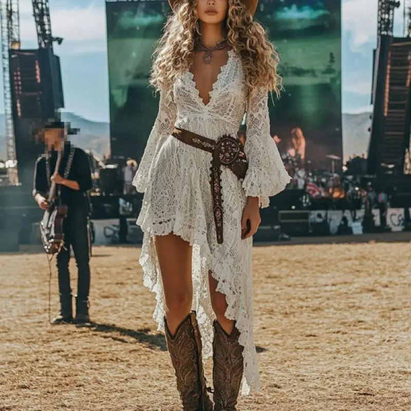 2025 Coachella vestido de Festival de Música vestido de fiesta Vintage de encaje de lunares de leopardo Floral para mujer Mini vestido con volantes Rock Rave