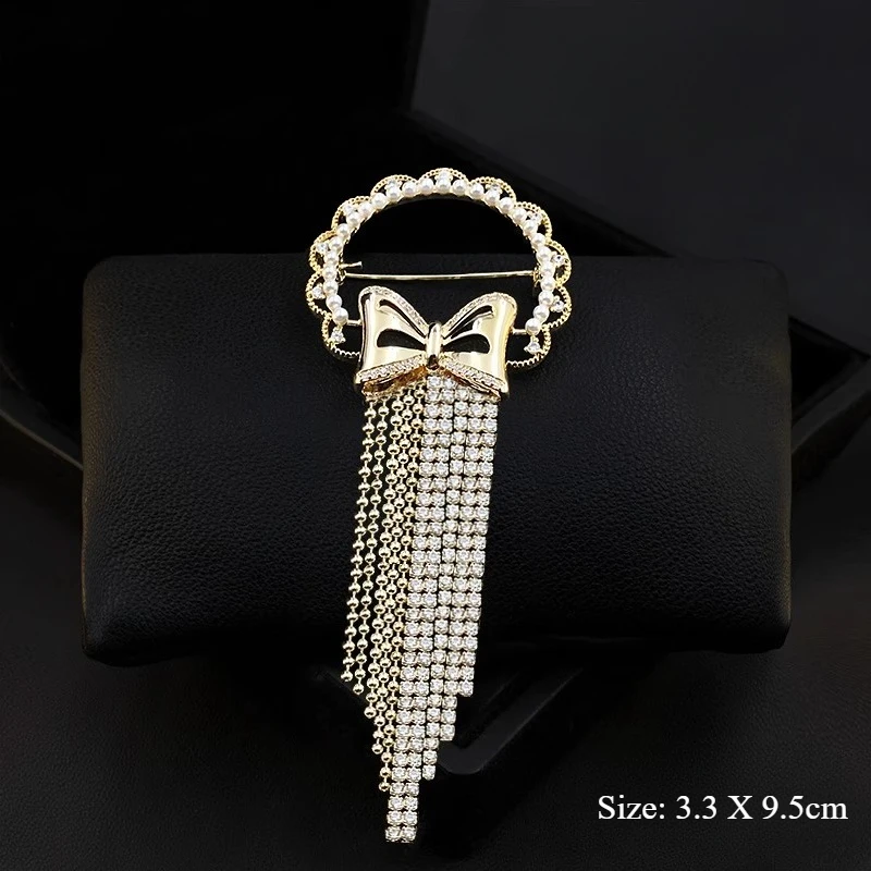 Stylish Tassel Bowknot Brooch Luxury Crystal Decor High-End Lapel Pin for Coat Jacket Blazer Formal Party Dress Accessories 3931